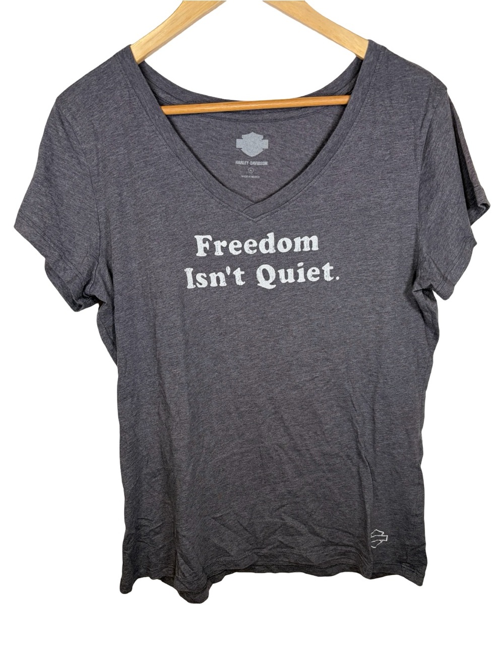 Harley-Davidson Gray V-Neck Tee with "Freedom Isn't Quiet" Print